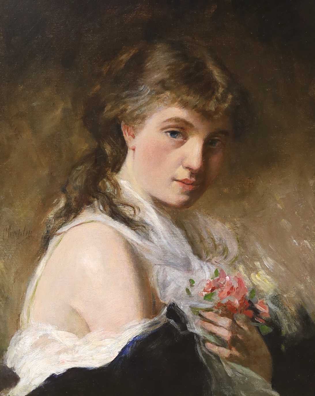 Charles Joshua Chaplin (French, 1825-1891), Portrait of a young beauty holding a bouquet of flowers, oil on canvas, 45 x 37cm